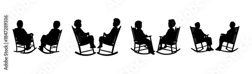 Silhouettes of people sitting in rocking chairs facing each other, engaged in conversation