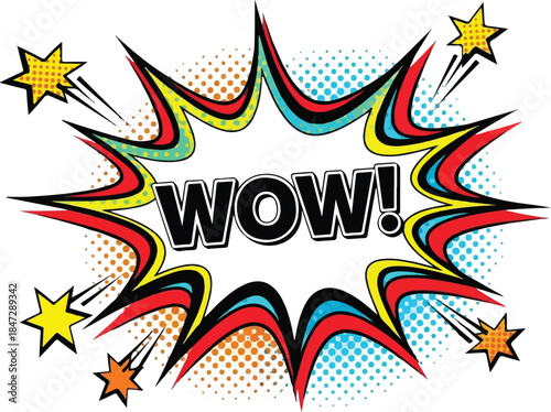 Wow" Explosion Comic Book Style Speech Bubble with Vibrant Colors and Star Bursts