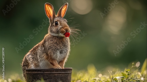 Small wild mammal holding a vibrant red flower bud in its mouth while sitting in a dark container outdoors