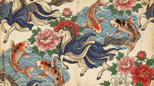 Koi Fish and Galloping Horses Oriental Tattoo Pattern