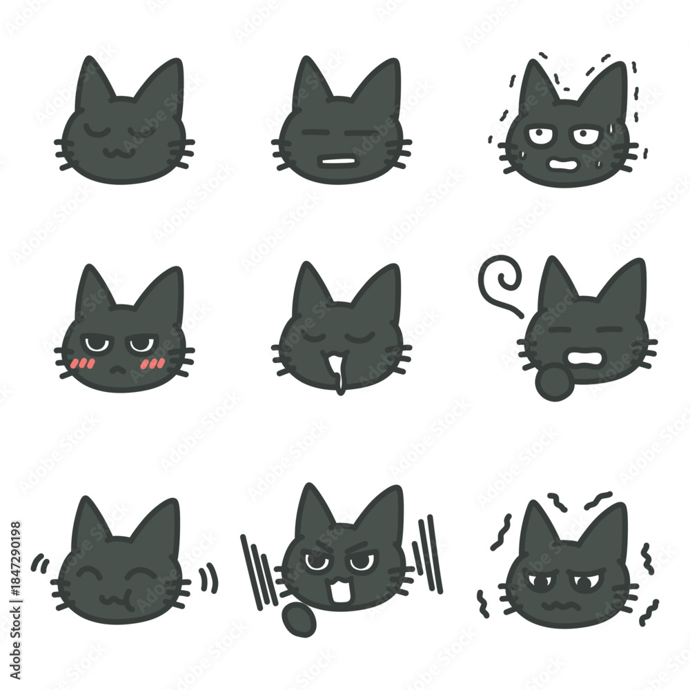 Fototapeta premium 様々な表情の黒猫のイラストセット