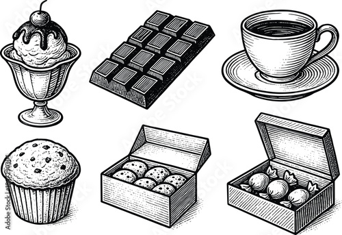 Desserts and Snacks Illustration Set Including Ice Cream Chocolate and Coffee in Vintage Line Art