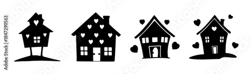 Charming black silhouettes of whimsical houses adorned with hearts