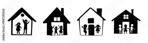 Children playing and living happily in various simple houses, representing family and community life