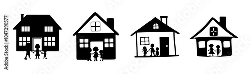 Iconic illustration of various family homes and small children standing outside
