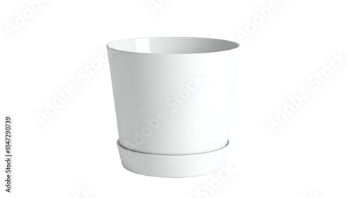 Isolated white ceramic planter with saucer on black background, clean and modern