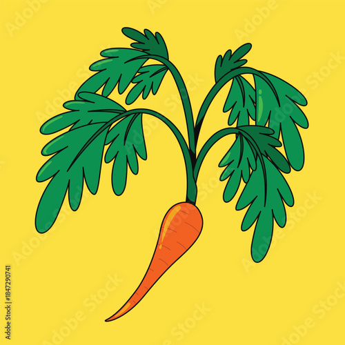 Cartoon Style Fresh Organic Carrot with Leaves Vector Illustration