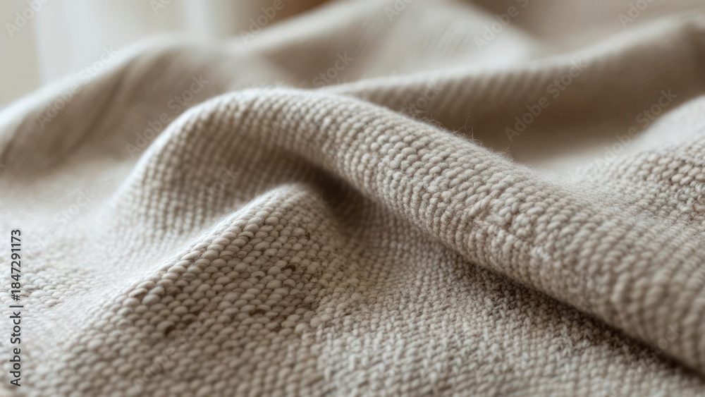Fototapeta premium Close-up view of a draped, textured, beige fabric. Soft, flowing folds and visible weave create a tactile feel