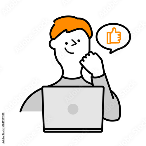 ノートパソコンの前で良いアイデアに納得する人物のイラスト