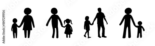 Diverse family units depicted in simple black silhouette icons of parents and children