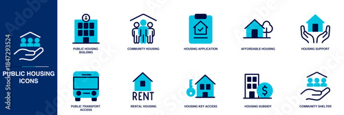 Public Housing Blue Colored Outline Icon Set