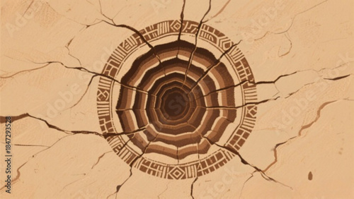 Vintage art illustration of an ancient Egyptian god with the sun and moon and sun and stone on a grunge antique paper texture world map pattern circle design