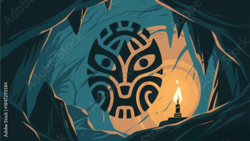 Vector illustration of a colorful abstract background featuring a burning candle with fire and autumn nature elements like trees and birds for a tribal halloween wallpaper design