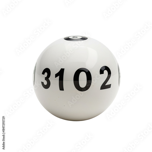 White sphere displays digits 3, 1, 0, and 2, isolated on black