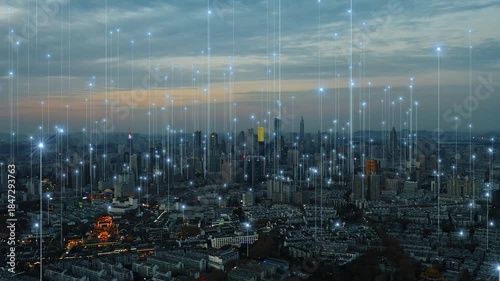 smart Connected city skyline. Futuristic network concept, city Technology.