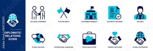 Diplomatic Relations Blue Colored Outline Icon Set