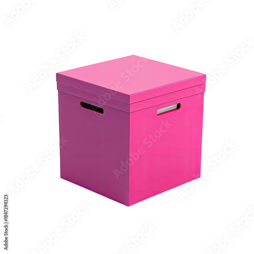 A vibrant pink square box with a lid and handles against black background