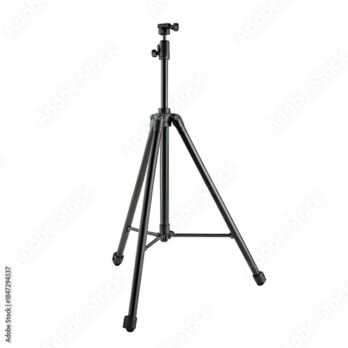 A tall, black tripod with adjustable legs and head, angled against a black backdrop