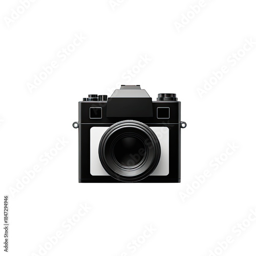 Black and white vintage-style camera icon with a large lens on a dark background