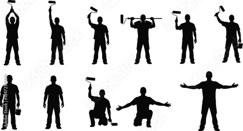 Painter silhouettes using paint rollers, house renovation work, wall painting actions, professional decorator poses, construction maintenance, isolated black illustration set