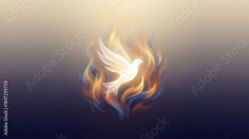 Dove shape rising from abstract flames on dark to light gradient with background effects of movement and color