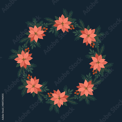 Ramka z poinsecjami i gałązkami choinkowymi – świąteczna wektorowa kompozycja.	