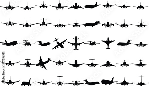 Comprehensive Collection of Airplane and Aircraft Silhouettes, Vector Illustration Set Showing Various Passenger Jets, Private Planes, and Commercial Airplanes from Different Angles