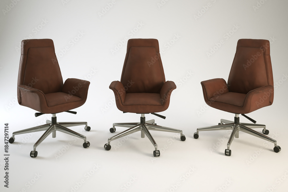Fototapeta premium Three brown leather office chairs with chrome bases and wheels.