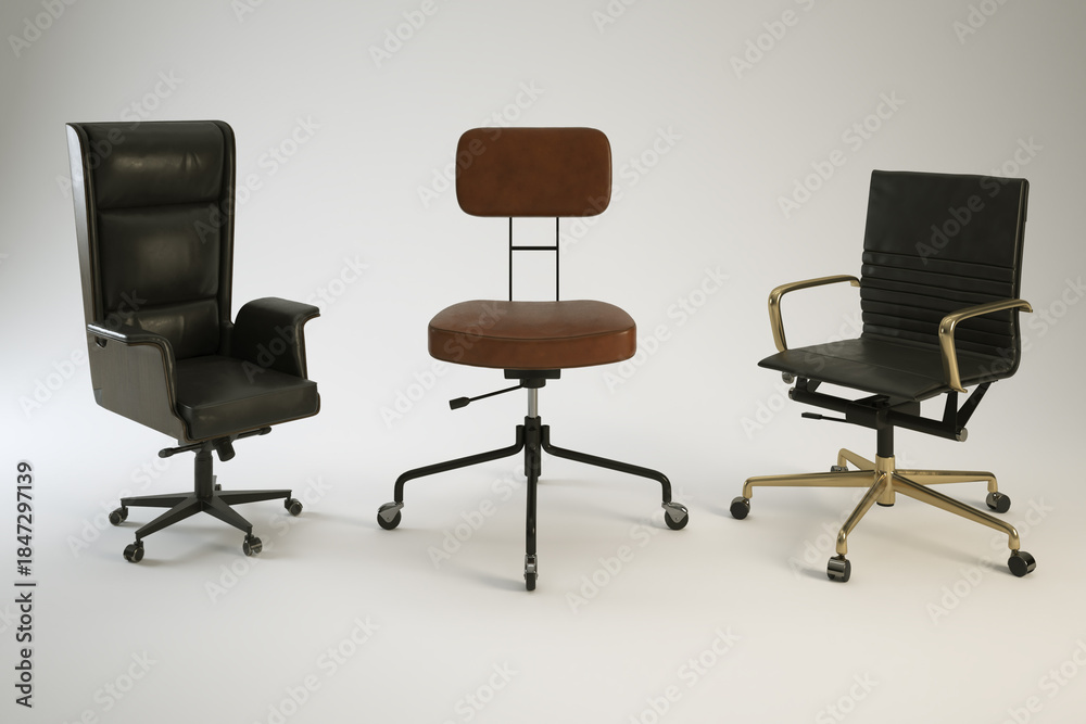 Obraz premium Showcases three different vintage office chairs against a plain backdrop.