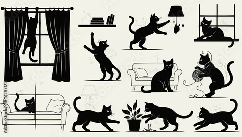 Collection of Black Cat Silhouettes in Various Poses and Activities.