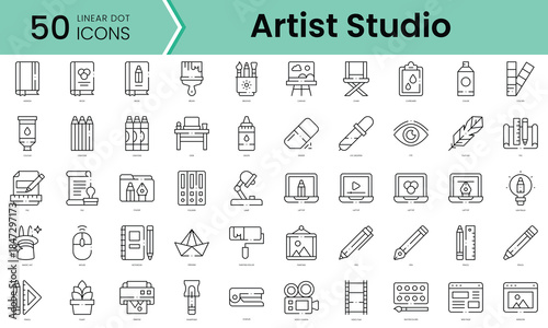 Set of artist studio icons. Line art style icons bundle. vector illustration