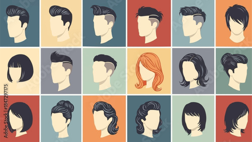 Collection of Diverse Hairstyles for Men and Women Illustrated.