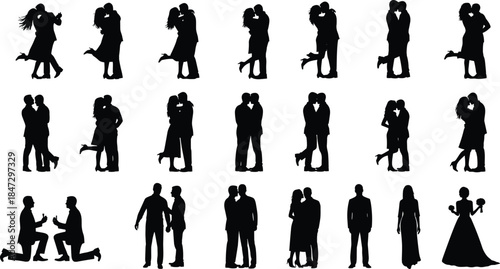 Couple silhouette vector, romantic poses, kissing, hugging, proposing, wedding moment, black figures, love illustration, relationship clipart, stock design