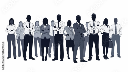 Diverse group of professionals standing confidently together in a studio setting.
