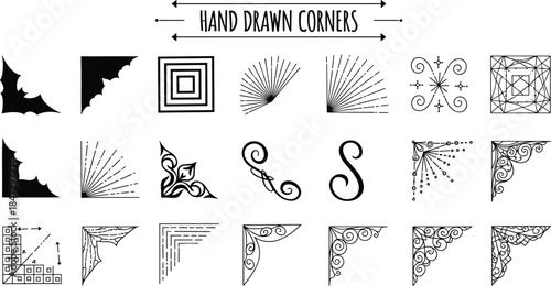 Collection of diverse hand-drawn decorative corners and borders for graphic design and artistic projects