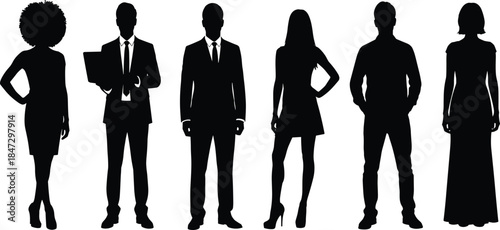 Diverse professional silhouettes standing in confident poses, representing business, fashion, teamwork, leadership, modern corporate identity, elegant vector illustration design elements