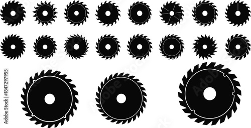 Diverse Collection of Circular Saw Blades Silhouettes, Vector Illustration Set for Woodworking, Carpentry, Power Tools, Industrial Equipment, and Construction Icons