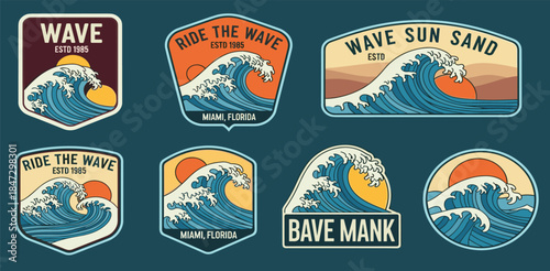 Set of vintage surf wave emblems and badges, featuring powerful ocean waves and glowing suns, perfect for summer apparel or beach-themed designs