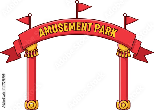Festive Amusement Park Entrance Arch with Flags and Tassels for Funfair, Carnival, Entertainment, Travel, and Family Leisure Design