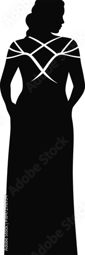 Female in Formal Long Dress Gown with Open Back Detail for Event and Fashion.