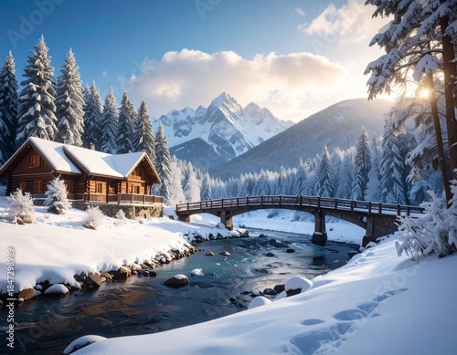 Snowy Alpine Cabin with Wooden Bridge and Flowing Stream in Winter Mountain Landscape