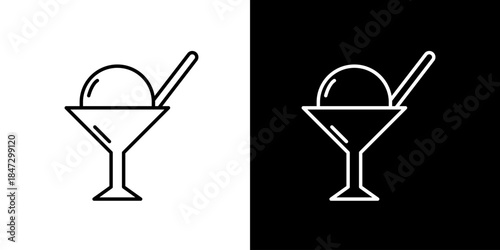 Minimalist Outline Icons of Ice Cream Sundae in a Glass with Spoon on Black and White Background