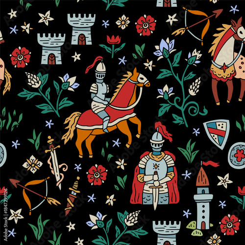 Bright fairytale background. Seamless medieval vector pattern with knights, horses and castles. Dragon and rider. Hand-drawn like an ancient tapestry. For textile and paper design.