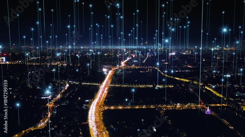 smart Connected city skyline. Futuristic network concept, city Technology.