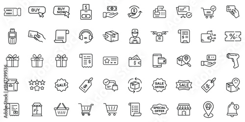 Collection of minimalistic black and white e-commerce icons for online shopping and sales.