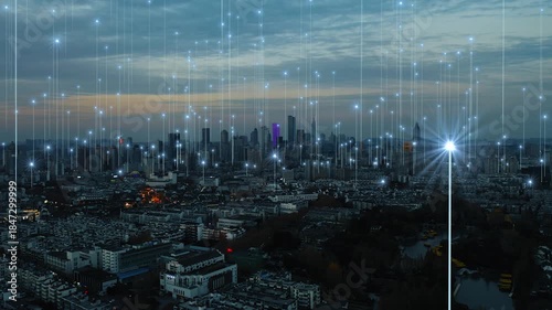 smart Connected city skyline. Futuristic network concept, city Technology.