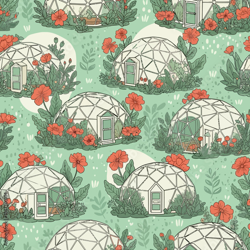 Geodesic Dome Houses with Red Flowers.