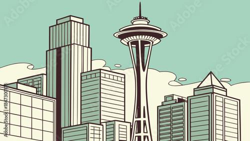 Seattle skyline featuring the iconic space needle among the citys architecture. Suitable for travel brochures, city guides, and websites.