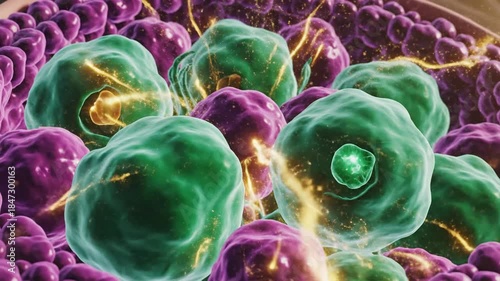 Microscopic view of corpus luteum cells, ovarian structure with internal glowing elements