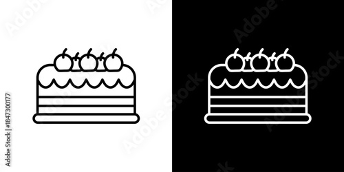 Modern line art icon of a delicious layered cake topped with sweet cherries, perfect for bakery branding, dessert menus, celebration invitations, and festive event designs